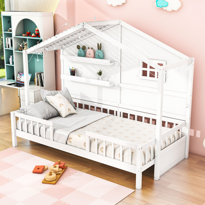 Lit simple en bois avec tablettes Trong, Blanc