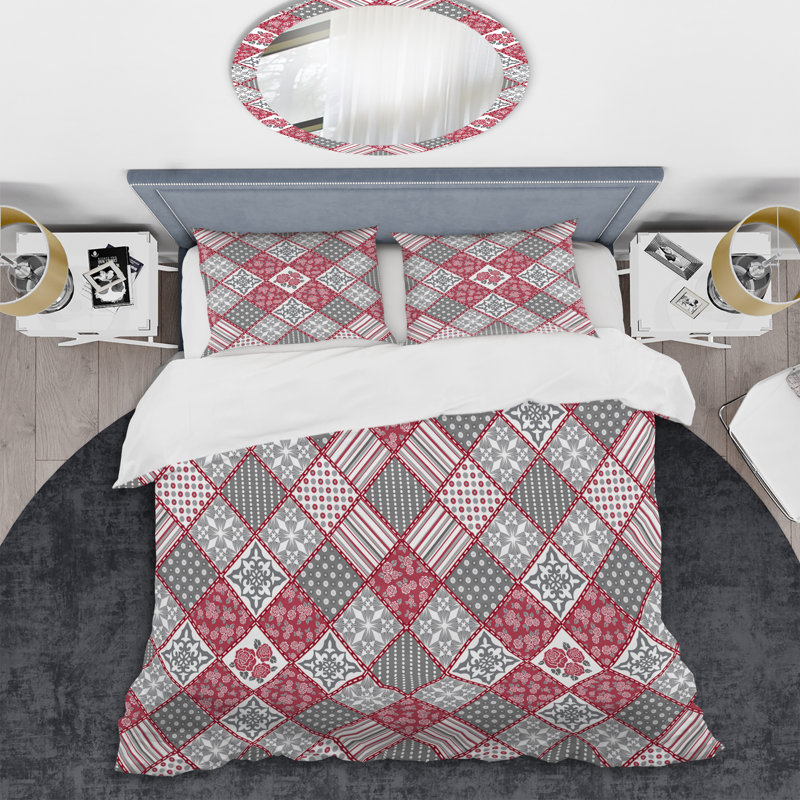 Pink Box Patchwork Polyester Geometric Shapes Duvet Cover Set, King Duvet Cover + 2 King Shams