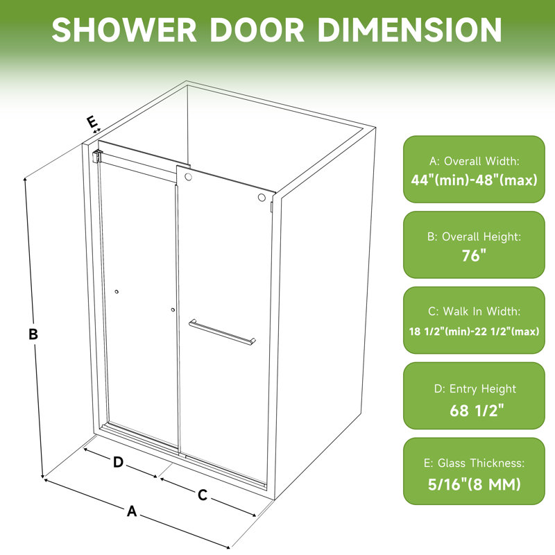 44"-48" W x 76" H Double Sliding Frameless Shower Door with 5/16" (8mm) Crystal Clear Tempered Glass, Brushed Nickel