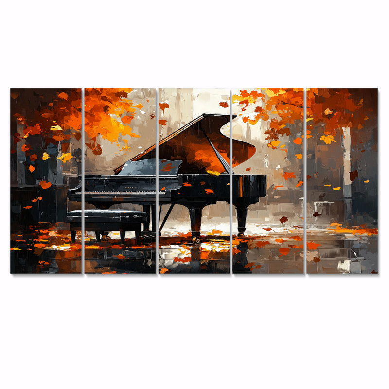 Ensemble de salon mural orange avec piano noir sur scène II, H 28 po x l 60 po