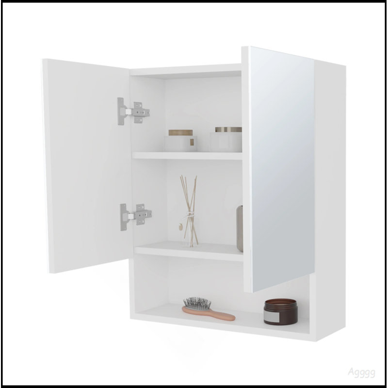 Armoire à pharmacie blanche avec portes en miroir et rangement ouvert
