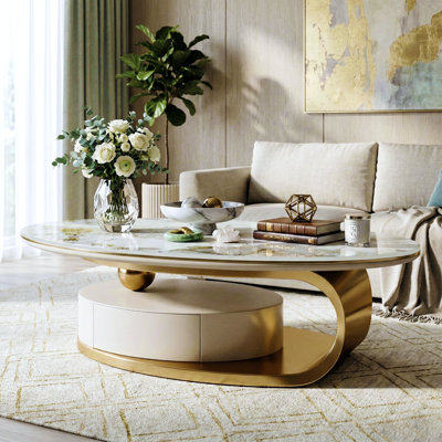 Fully Assembled Oversize 51" Modern Oval Coffee Table with Storage Drawer, White Sintered Stone Top & Gold Stainless Steel Base