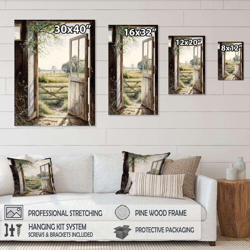 «View From A Cottage Country Door II - Farm Landscape», art mural, H 40 po x l 30 po, Cadre doré