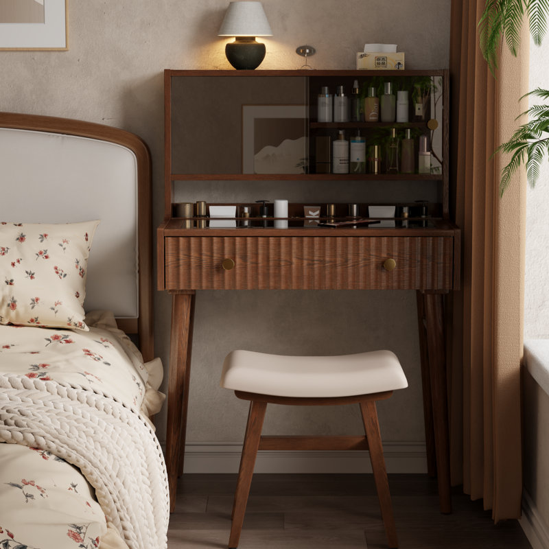 Coiffeuse de maquillage avec portes miroir coulissantes - plateau en verre, rangement caché, prise de courant encastrée
