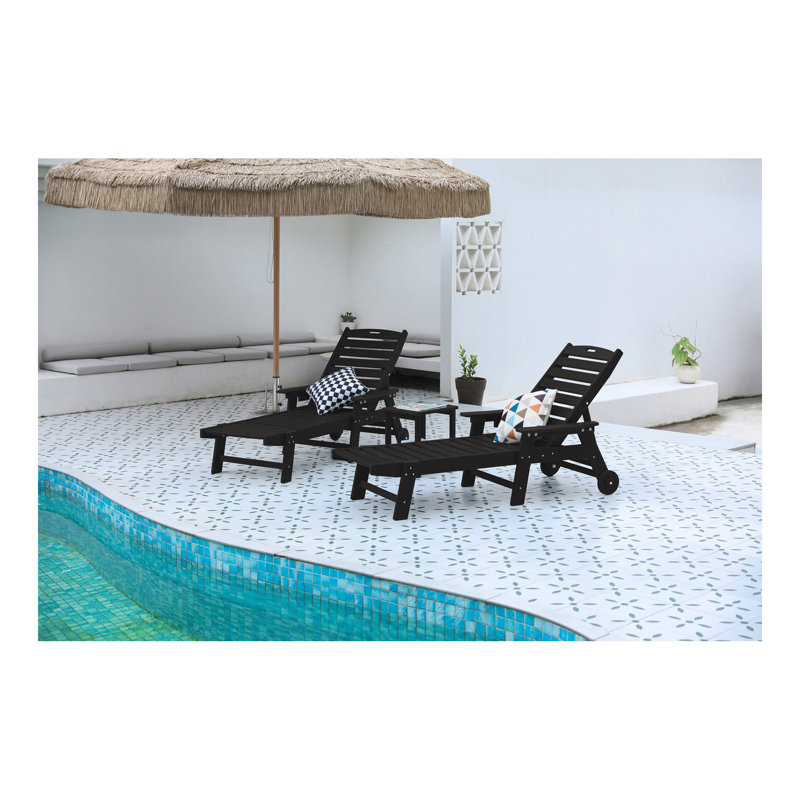 Lounge Chair With Side Table, 3-Piece Oversized Chaise Lounge Chair Set ,Black, All Weather Patio Lounge Chair With 5 Positions, Wheels & Cup Holder (2 Lounge Chairs And 1 Table)