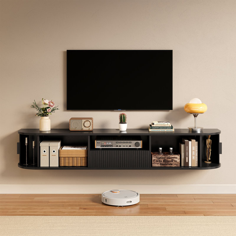 Meuble télé 70 po avec lumières à DEL, centre de divertissement moderne cannelé de style Mid-Century avec tiroir, prise de courant et commande pour application, console murale pour téléviseur de 80 po ou moins