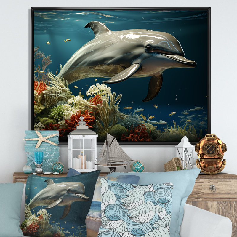 Dauphin éternel dansant III sur toile, H 16 po x l 32 po x P 1 po, Cadre flottant noir