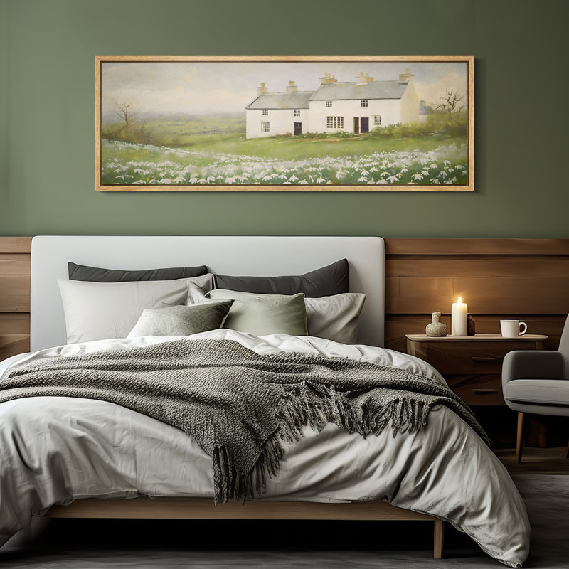 «White Cottage in Wildflower Field», toile encadrée - Paysage mural, art mural, Naturel, H 30 po x l 60 po
