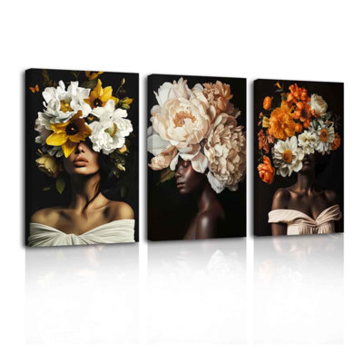 African American Wall Art African Black Girl Canvas 3 Pieces Abstract Flower On Black Women Head Pictures Prints For Girl Room Bedroom Decor Framed 12X16 Inch