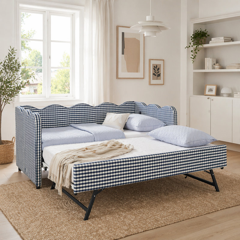 Cozy Gingham Daybed With Trundle  Sofa Bed No Box Spring Needed, Navy