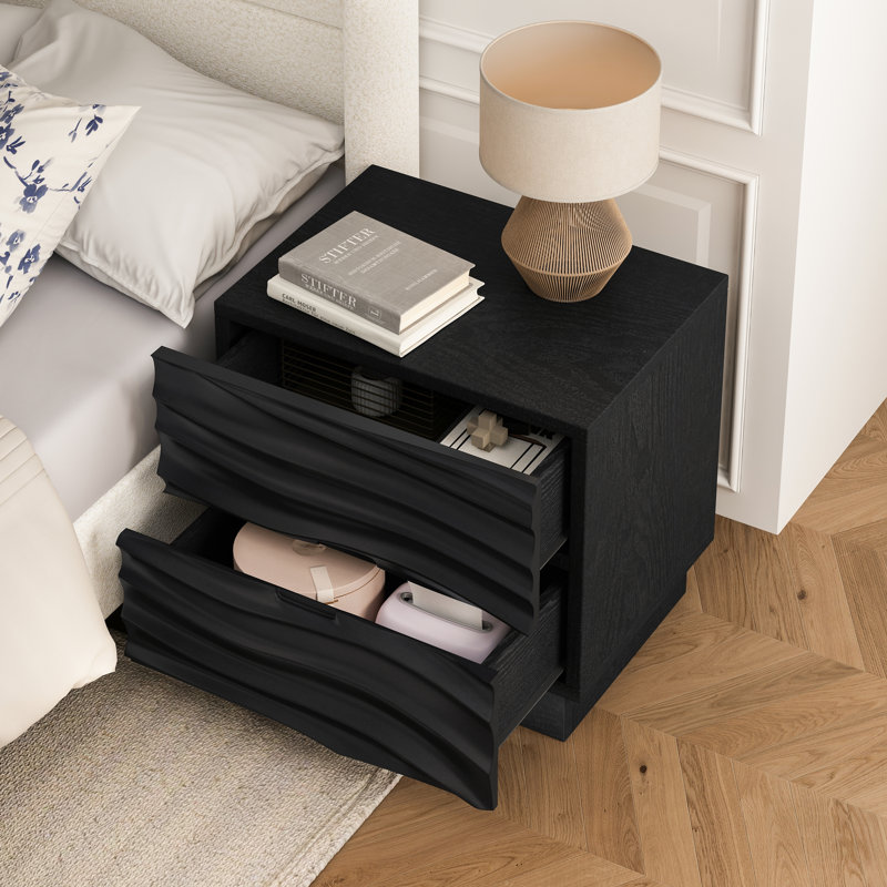 Solid Wood Nightstands, Bedside Table With 2 Drawers, No Handles, Sofa End Table For Living Room, Bedrooms, Set of 2, Black