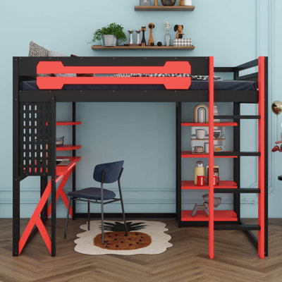 Lit mezzanine en bois avec lumière RVB, bureau et tablettes, lit mezzanine en bois avec prise de courant et ports USB / Type-C