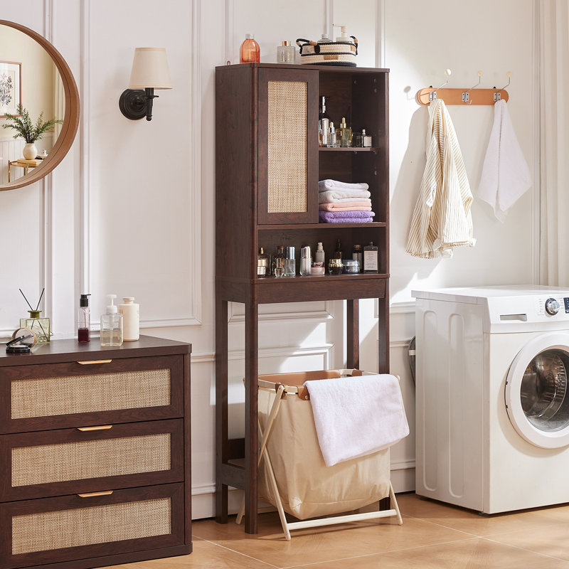 Over The Toilet Storage Cabinet With Rattan Sliding Door, 68" Tall Wood Above Toilet Bathroom Organizer W/Adjustable Shelf & Curved Profile, Space Saver Freestanding Washer Shelf