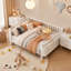 Lit plateforme double en bois pleine grandeur avec clôture de sécurité et profil bas, blanc-763259637-763259636