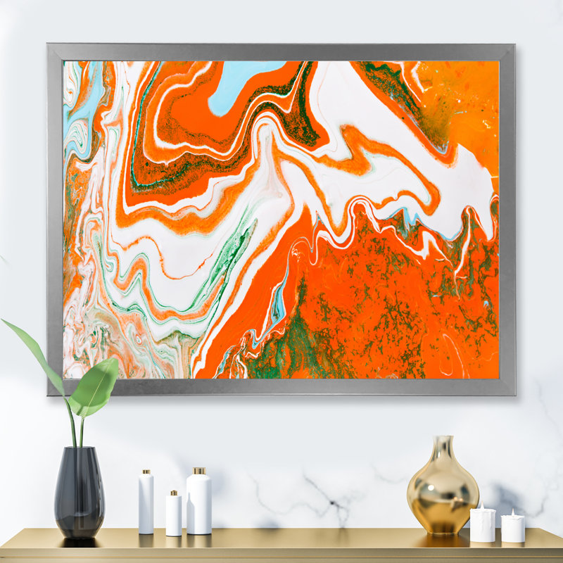 Liquide marbrant des vagues oranges sur blanc - Peinture sur toile, H 34 po x l 44 po