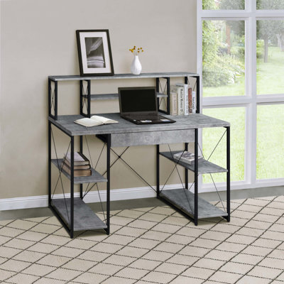 Bureau gris et noir avec tablettes ouvertes et huche