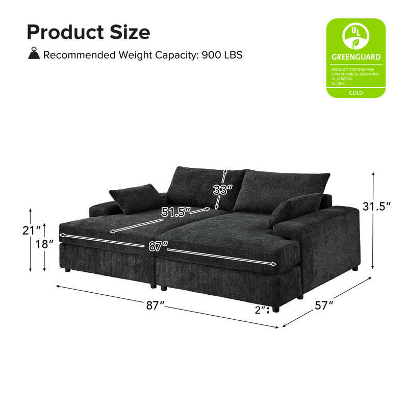 Tychon 87" Upholstered Square Arm Deep Seating Sleeper Sofa, Black