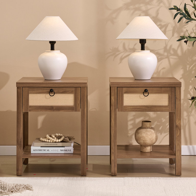 Ensemble de 2 tables de chevet en rotin, tables de chevet Boho avec tiroir et tablette ouverte, tables de bout de chambre à coucher avec pieds en bois massif, noyer