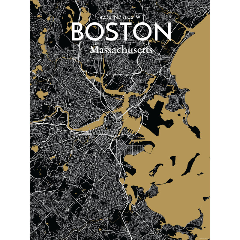 « boston city map », reproduction d’impression sur affiche en luxe, H 17 po x l 11 po