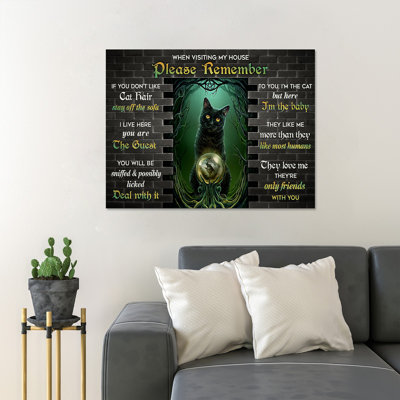 «Black Cat With Magic Ball - When visit my house, S'il vous plaît rappelez-vous», reproduction d'art graphique sur toile tendue