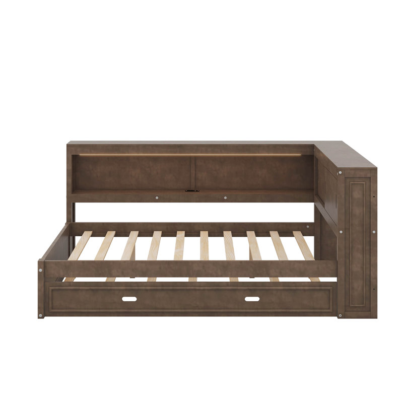 Full Size Wood Daybed With Shelves, LED And Trundle, Antique Wood Color