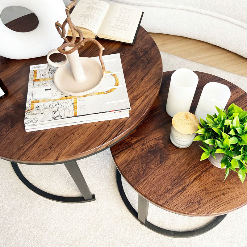 Froppi Nesting Coffee Tables For Living Room: 2 Tables D70 H45 Cm And D50 H38 Cm, Dark Brown Wood
