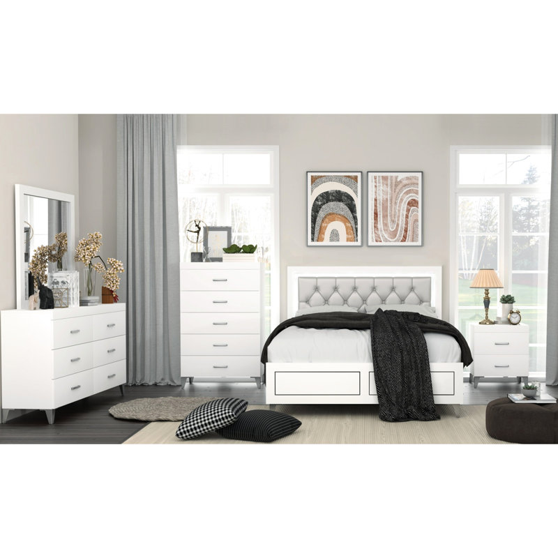 Cadre de lit contemporain très grand, finition blanche, revêtement en similicuir gris, tête de lit éclairée à DEL avec capitonnage à boutons, pieds en métal, finition de configuration de chambre à coucher, tête de lit d'unité centrale,