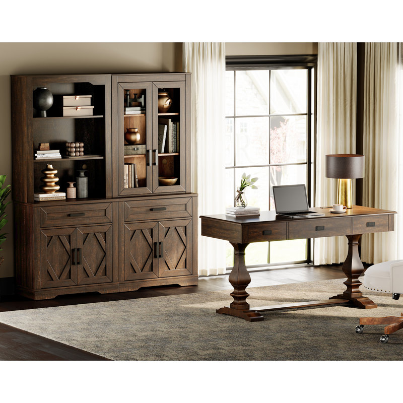 Modern Farmhouse Office Set, Vintage Desk & 73.3" Glass Door Bookcase – Premium Home Office Shelving Units With Power Hub, Espresso Brown