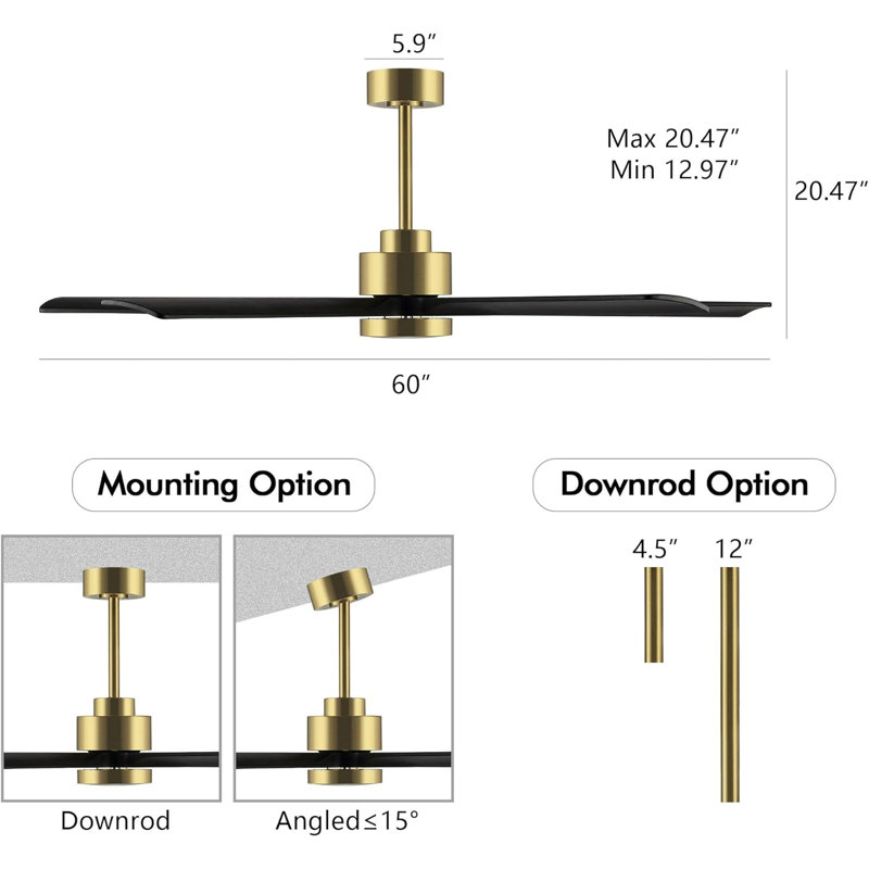 Leresa 60'' Ceiling Fan with LED Lights, Gold with Black Blades