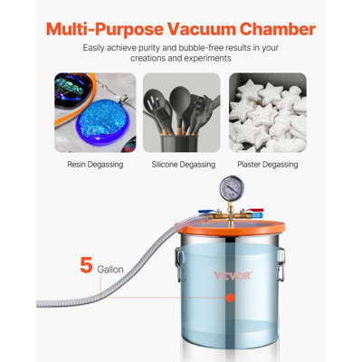 5 Gallon Vacuum Chamber and 3.5 CFM Pump Kit, Stainless Steel Chamber, Single Stage Vacuum Pump Degassing Chamber Kit, with Acrylic Lid, Oil, 4.92 ft Hose, for Degassing Resin Silicone Epoxies