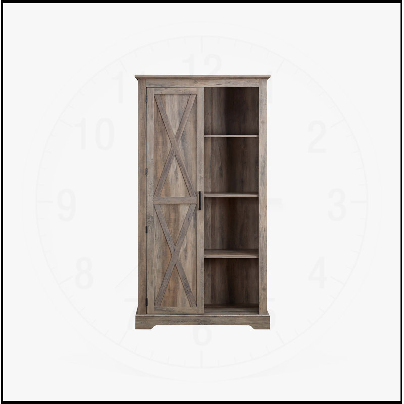 Grande armoire de rangement à porte de grange avec tablettes ouvertes et cachées, style campagnard rustique pour la cuisine et l'organisation à la maison