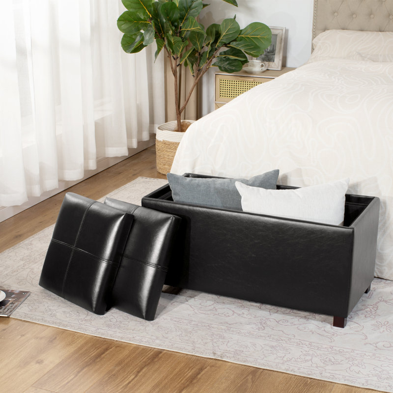 31" Rectangle Faux Leather Storage Ottoman With Flip-top Trays, Black