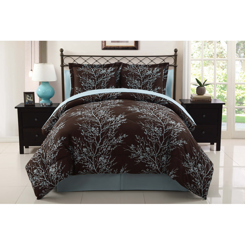 King Blue and Chocolate Floral Microfiber Bed in a Bag Set