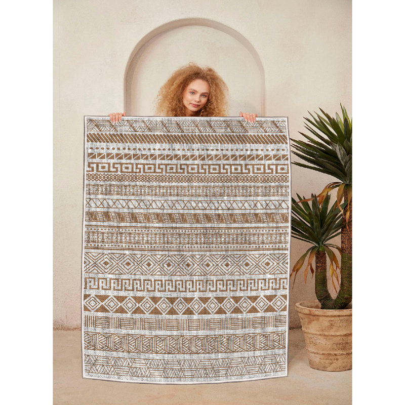 Wencil High-Quality Cotton Area Rug, 5.9 x 9.2 ft, Camel & Grey | 100% Anti-Bacterial, Non-Slip PVC Underside, Pile Height: 0.4 in, Total Thickness: 0.3 in | Machine Washable, Elegant Design for Living Room & Bedroom Decor
