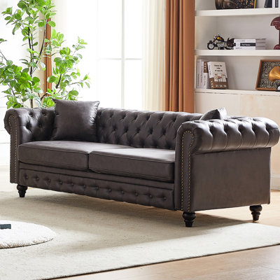 85.5" With Tech Textile, 3 Seater, Rolled Arms And Button Decoration Grey Fabric Seater Elegant Cushions