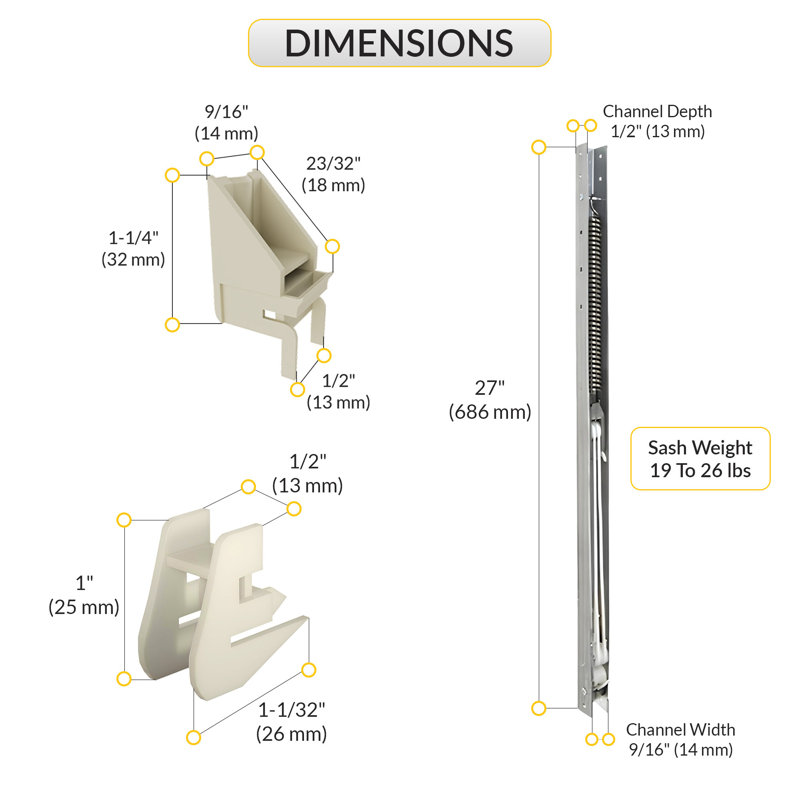 A7D5A01658AC4F7F8611B83BB75A6983 Équilibre de rainure de fenêtre de 27 po de longueur, 9/16 po de largeur, 1/2 po de profondeur, 19 à 26 lb.