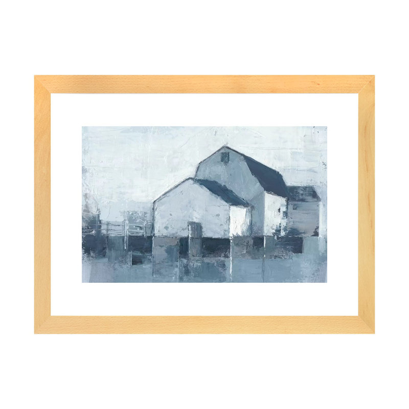 "Indigo Barns II" par Ethan Harper, reproduction d’art, H 16 po x l 24 po x P 1 po, Toile avec cadre en bois beige, Blanc