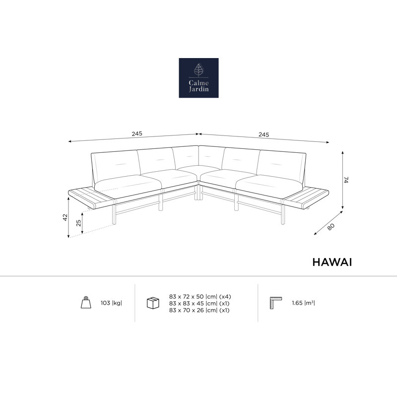 245cm Wide Wood Patio Sectional with Cushions, Light Beige