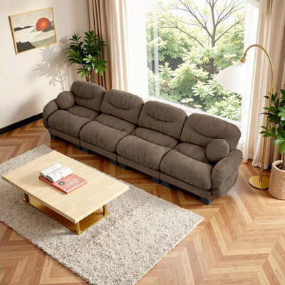 Cozy Chenille Modular Sofa with Pleated Design – 4-Seater Brown Sofa Set with Ergonomic Foam & Throw Pillows