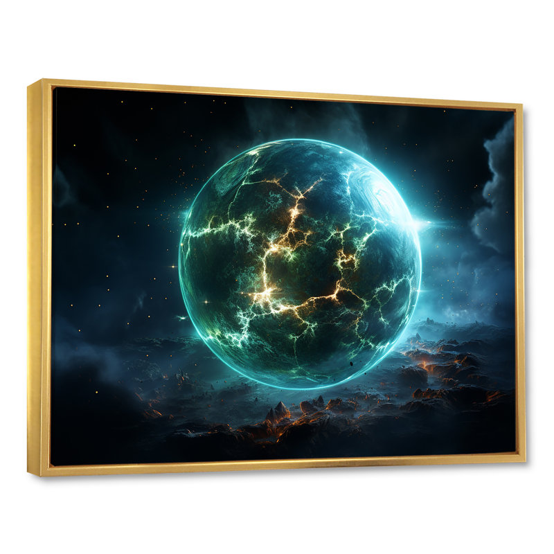 Vert et jaune, planète cosmique, art mural, H 30 po x l 40 po x P 1,5 po, Cadre flottant doré