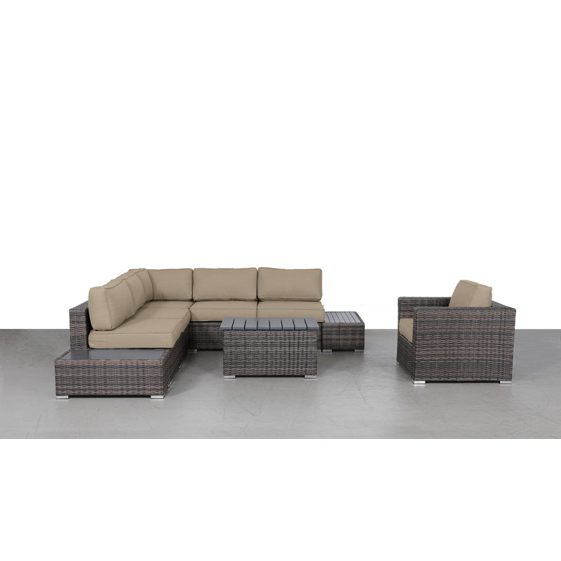 Amerra Fully Assembled 9 Piece Sectional Seating Group with Cushions, Sunbrella Beige, Espresso