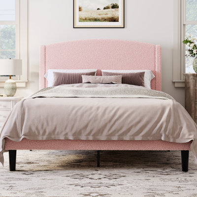 Chic Teddy Fleece Upholstered Platform Bed With Curve-Shaped Headboard, Modern Soft Boucle Fabric Bed Frame, Solid Wood Slat Support, No Box Spring Needed