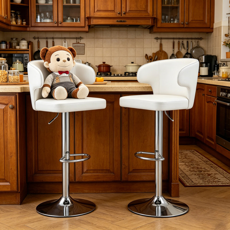 Ensemble de 2 tabourets de bar rotatifs modernes réglables avec dossier - Chaises pivotantes en cuir de polyuréthane pour comptoir de bar de cuisine et salle à manger, hauteur réglable, base chromée robuste, supporte 300 lb chacune - Blanc
