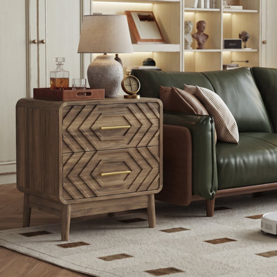 Carved 2‑Drawer Walnut Nightstand, Mid‑Century Modern Wooden Bedside Table with Solid Wood Legs, Compact Side Table for Bedroom