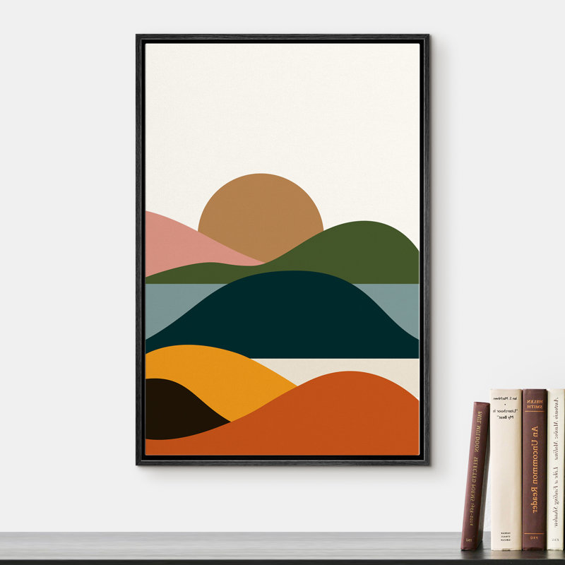 Soleil levant brun sur une vallée multicolore - cadre flottant, art audacieux sur toile, Cadre noir
