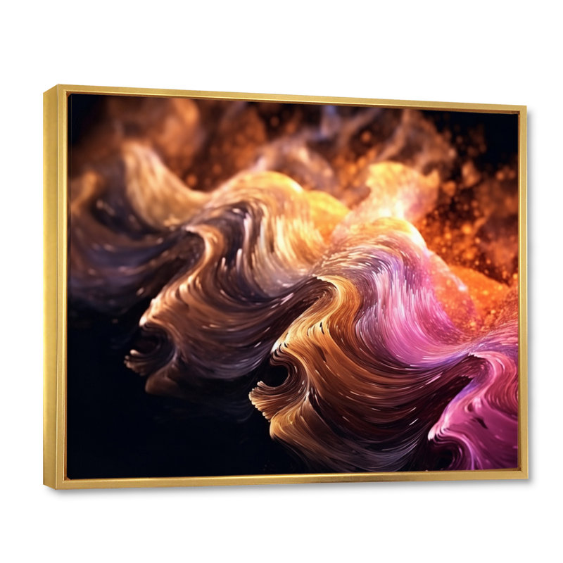 Surtensions orange et rose sur toile, Cadre flottant doré, H 30 po x l 40 po x P 1,5 po
