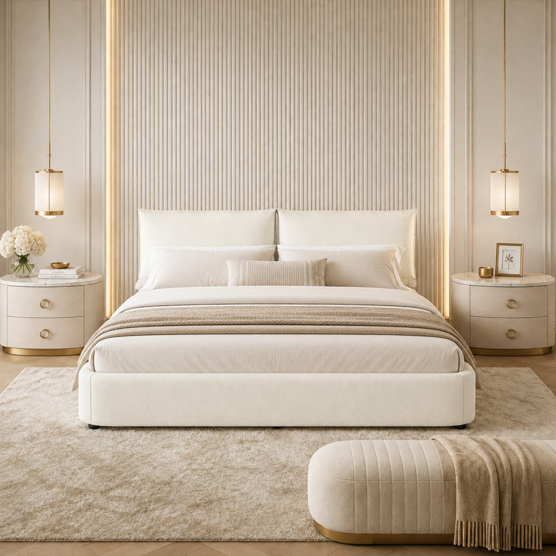 Très grand lit nuage en chenille de style moderne avec tête de lit tapissier amovible, Beige / Blanc