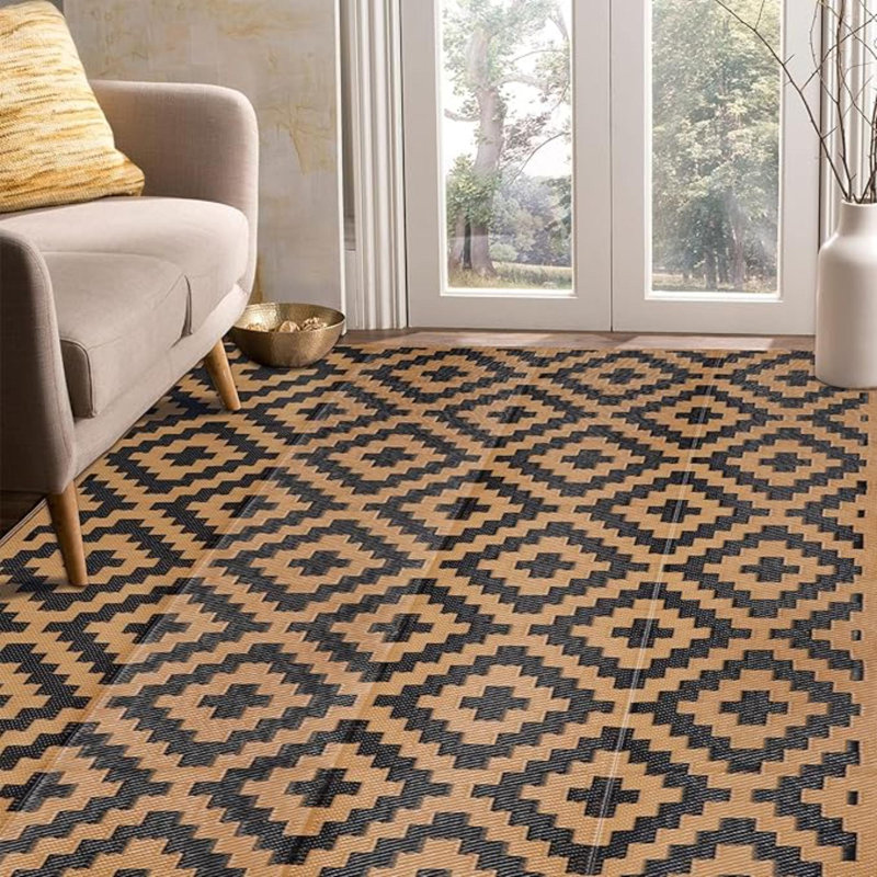 Reversible Mats, Plastic Straw Rug, Modern Area Rug, Large Floor Mat And Rug For Outdoors, RV, Patio, Backyard, Deck, Picnic, Beach, Trailer, Camping, Black & Brown, 5' X 8'
