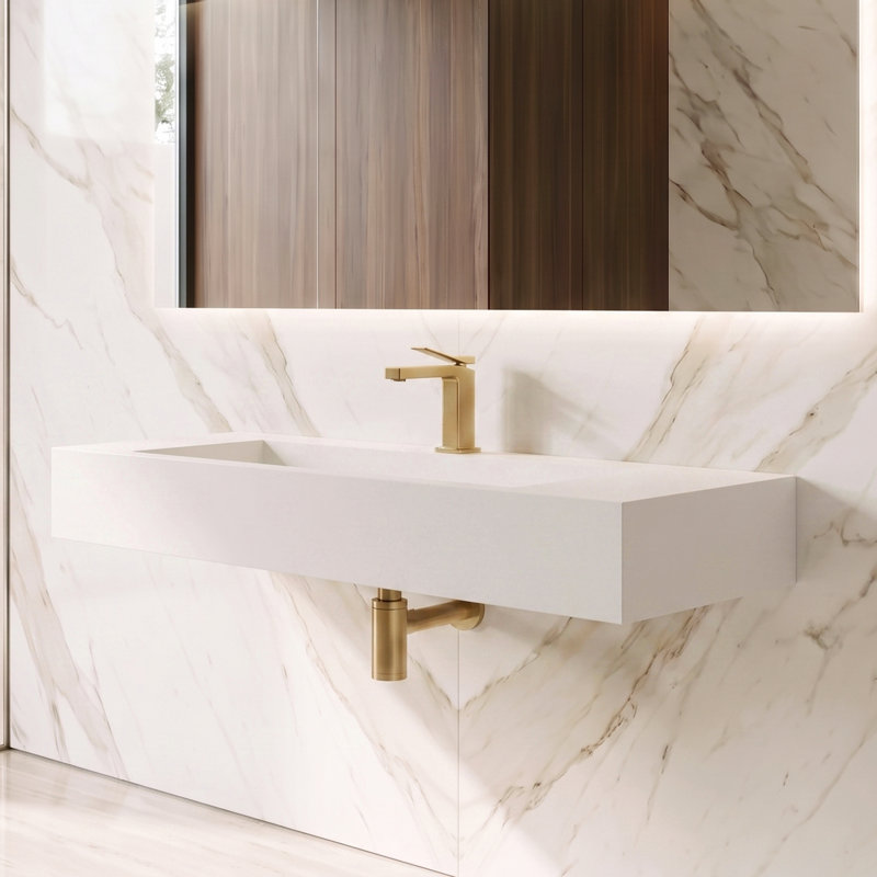 Pyramid 48" Wall Mounted Rectangular Solid Surface Bathroom Sink in Matte Finish, White, With Faucet Hole, White, Single Hole