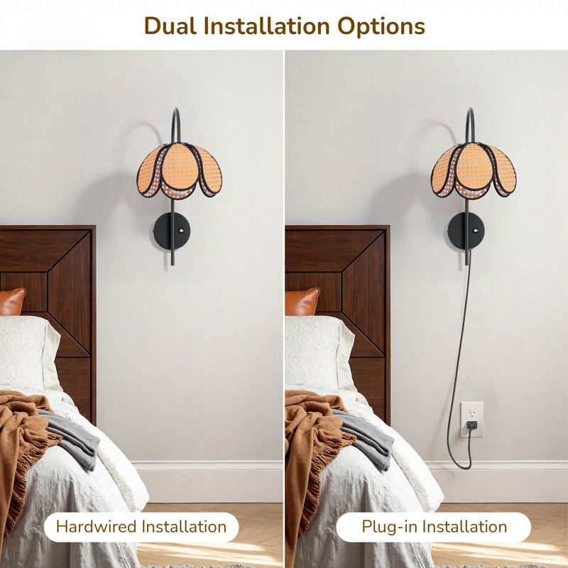 Boho Rattan Wall Sconces Plug-in/Hardwired Armed Sconces